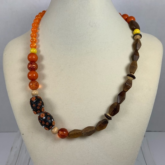 Handmade Asymmetrical Bead & Wood Necklace - Picture 1 of 3